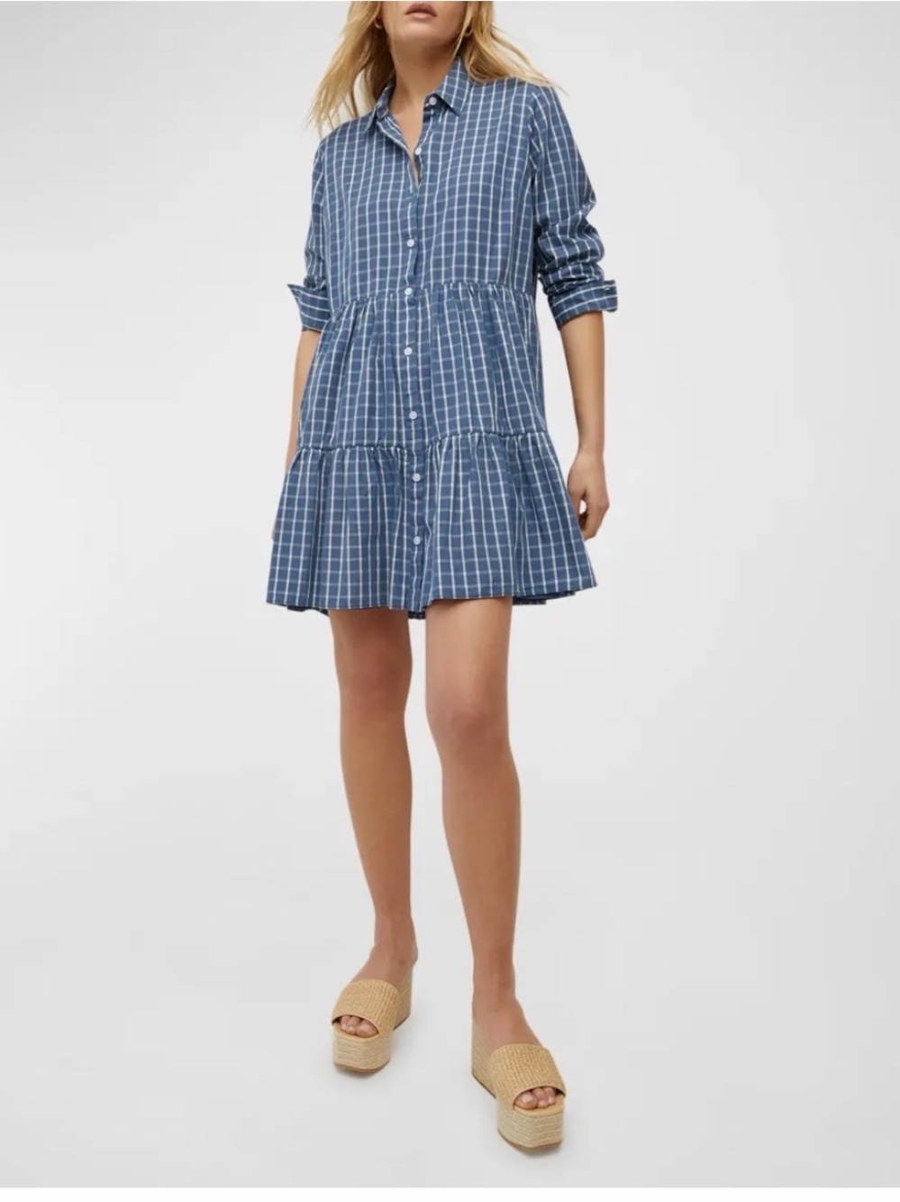 Veronica Beard Jamila Check Tiered Mini Dress‎ Blue & White Windowpane Large